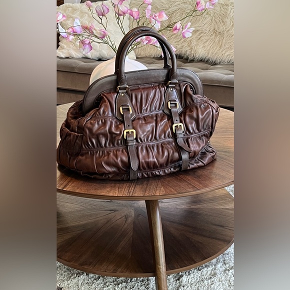 PRADA Nappa Gaufre Ruched Frame Large Bag Brown Soft Leather Tote Purse - Picture 7 of 16